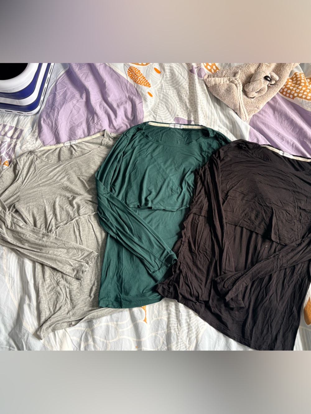 Set of Three Long-Sleeve Nursing Tops - Gray, Forest Green, Black